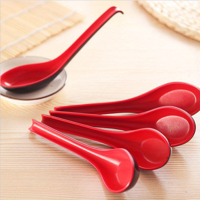 Red and Black Melamine Japanese Long Handle Spoons for Ramen