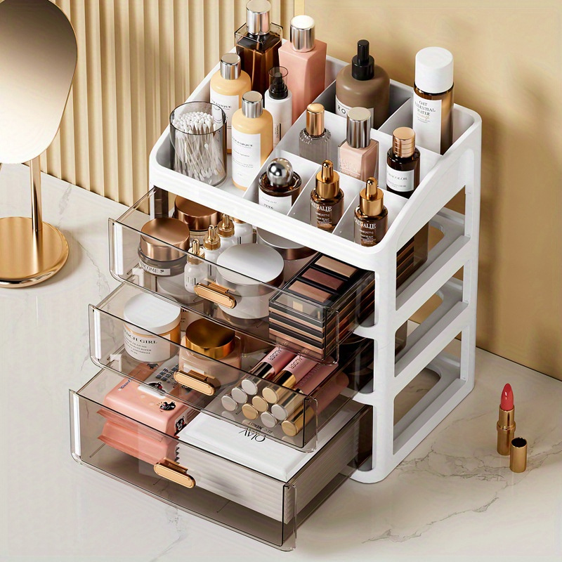 Organizador de maquillaje con cajones, organizador de encimera para  tocador, escritorio de baño y dormitorio, vitrina de cosméticos para  cepillos