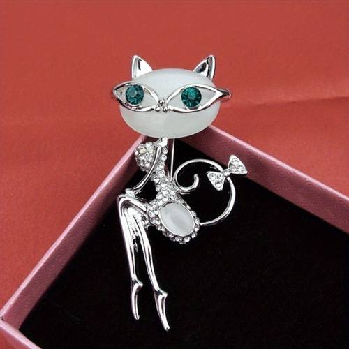 elegant opal cat brooch with glasses chic white alloy pin for dresses and accessories or holiday gift