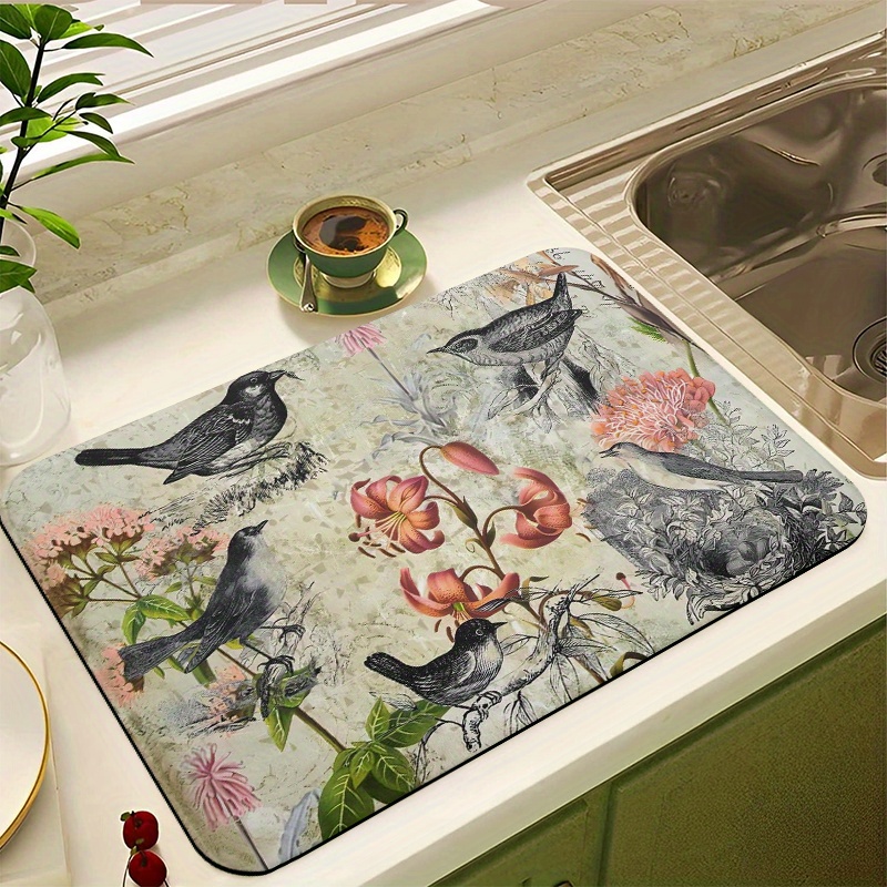 1pc Bird & Floral Pattern Dish Drying Mat, Retro Polyester Dish Drainer Mat  For Kitchen