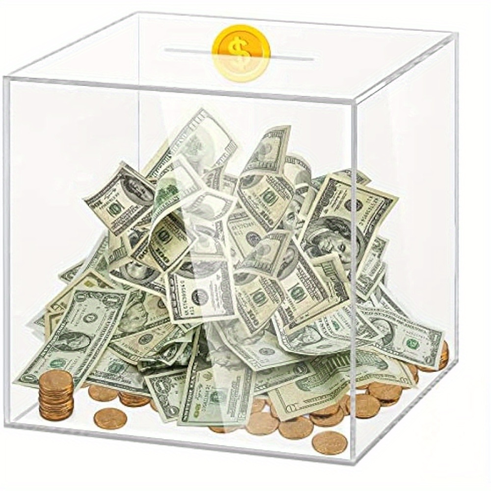 Clear Piggy Bank,Clear Acrylic Piggy Bank,Money Tip Change Box to Help Budget and Save,Unopenable Savings Coin Money Piggy Bank Jar Box for Adults