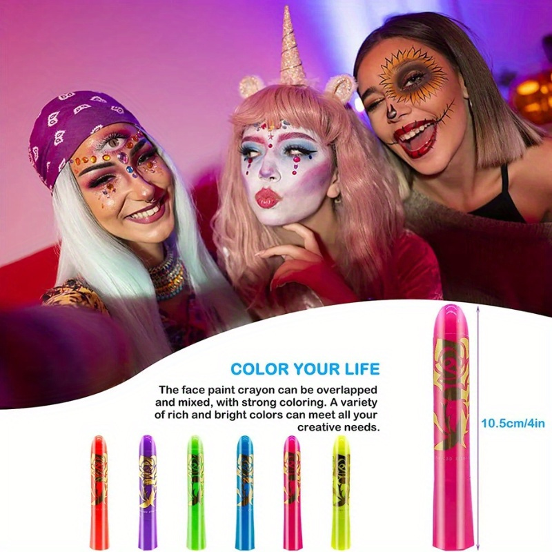 6pcs/set Halloween Glow In The Dark Face Black Light Paint Neon Face & Body  Paint Crayon Kit Fluorescent Makeup Marker