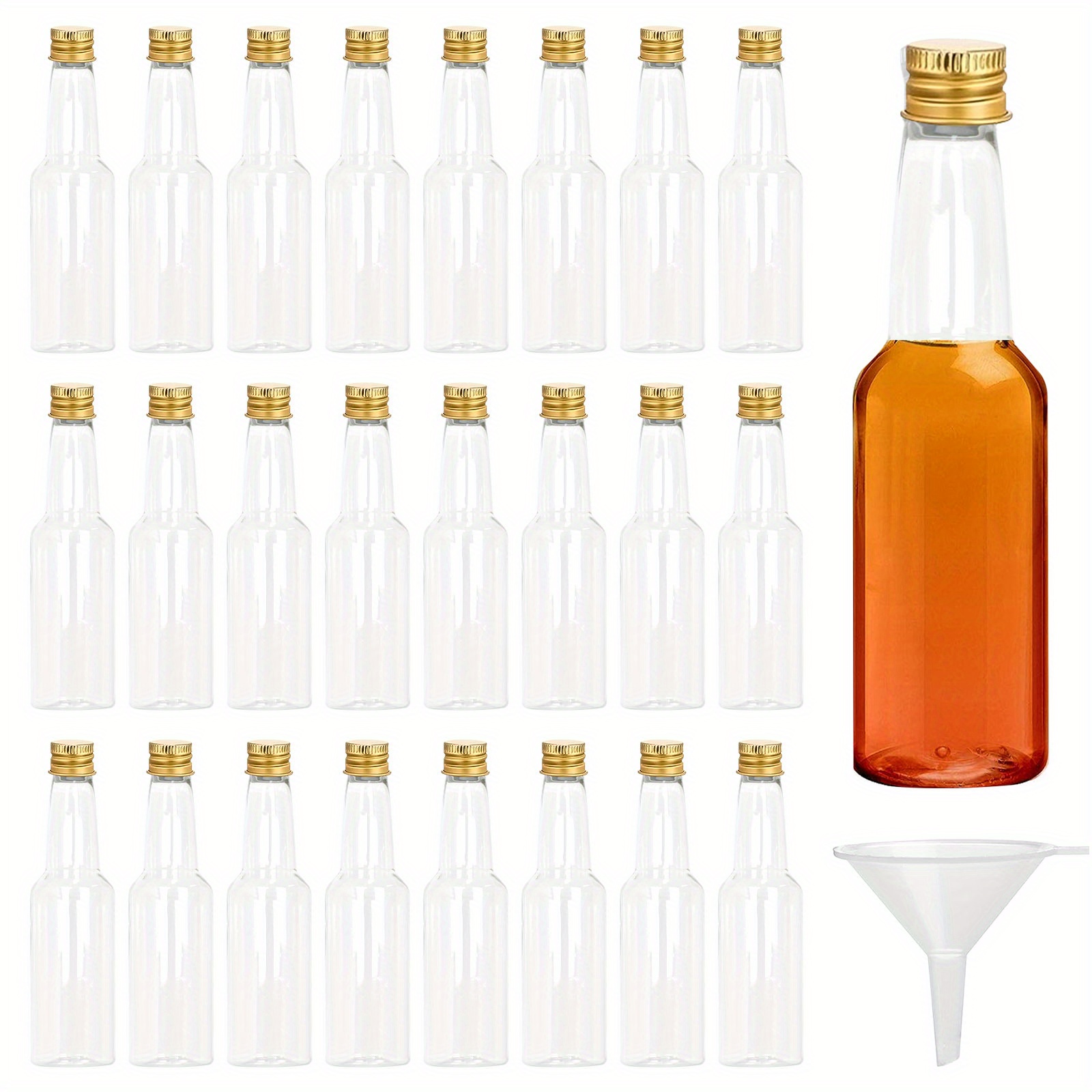 24 piezas de botellas de licor miniatura de plástico reutilizables de 50 ml  / 1.7 oz con tapas de rosca negras y embudo líquido para verter fácilmente
