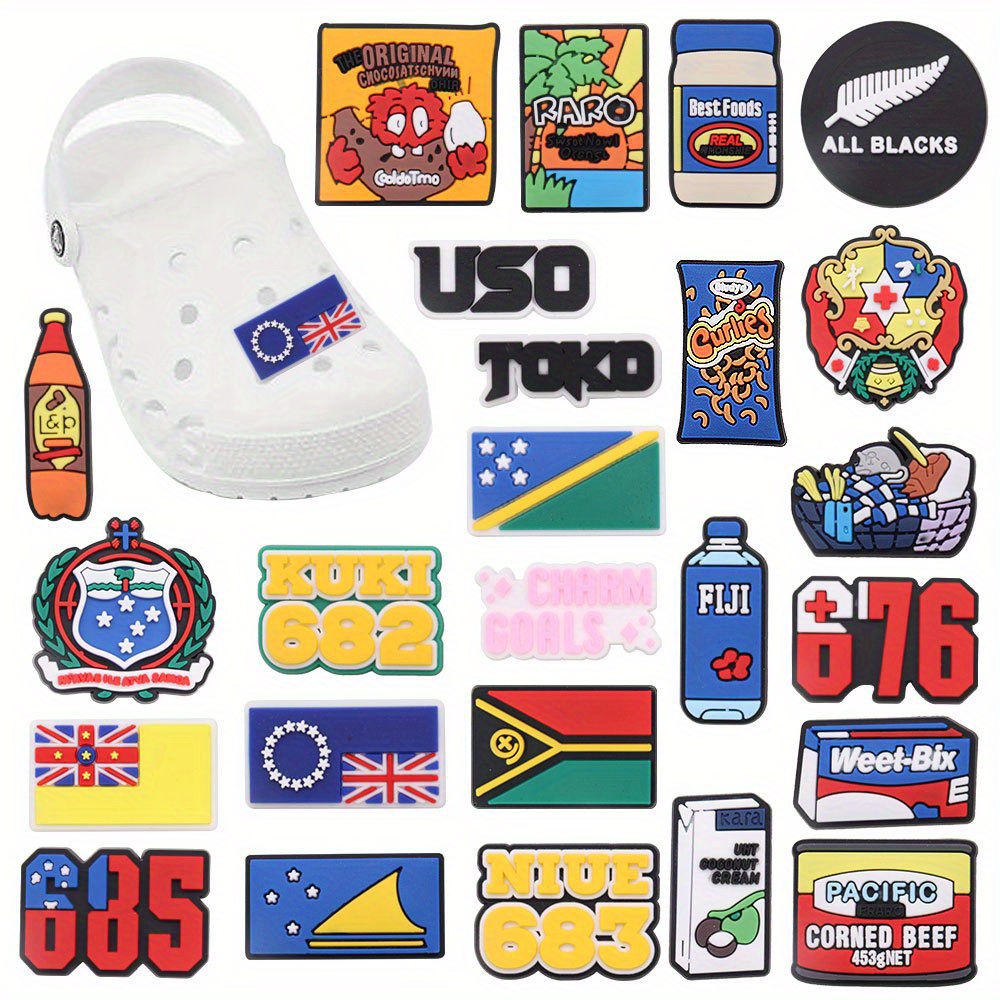 25Pcs Top Popular PVC Shoe Charms National Flag Snacks Beverages Accessories Shoe Buckles For Women & Men