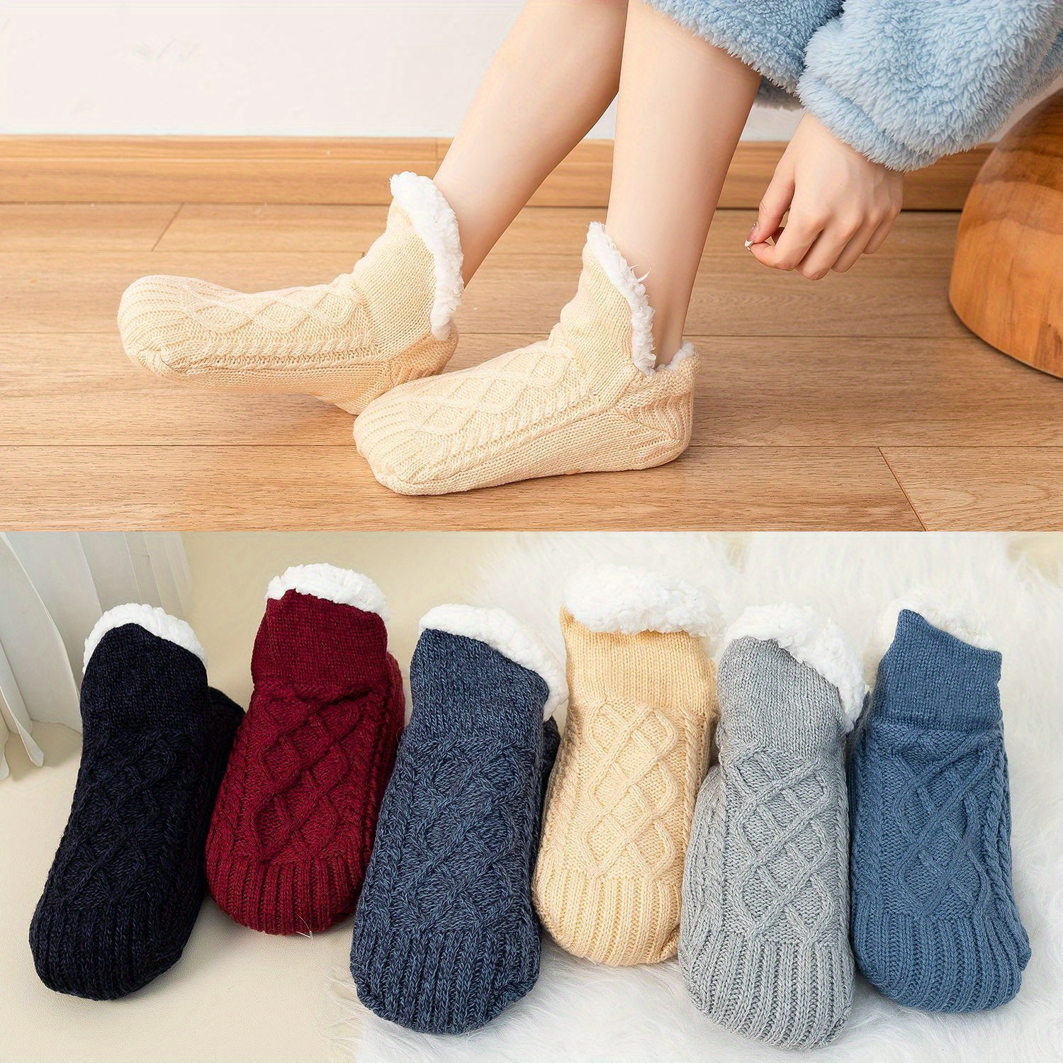 1 pair mens fleece warm thermal socks non slip comfy casual unisex knitted socks for mens winter indoor home wearing 2