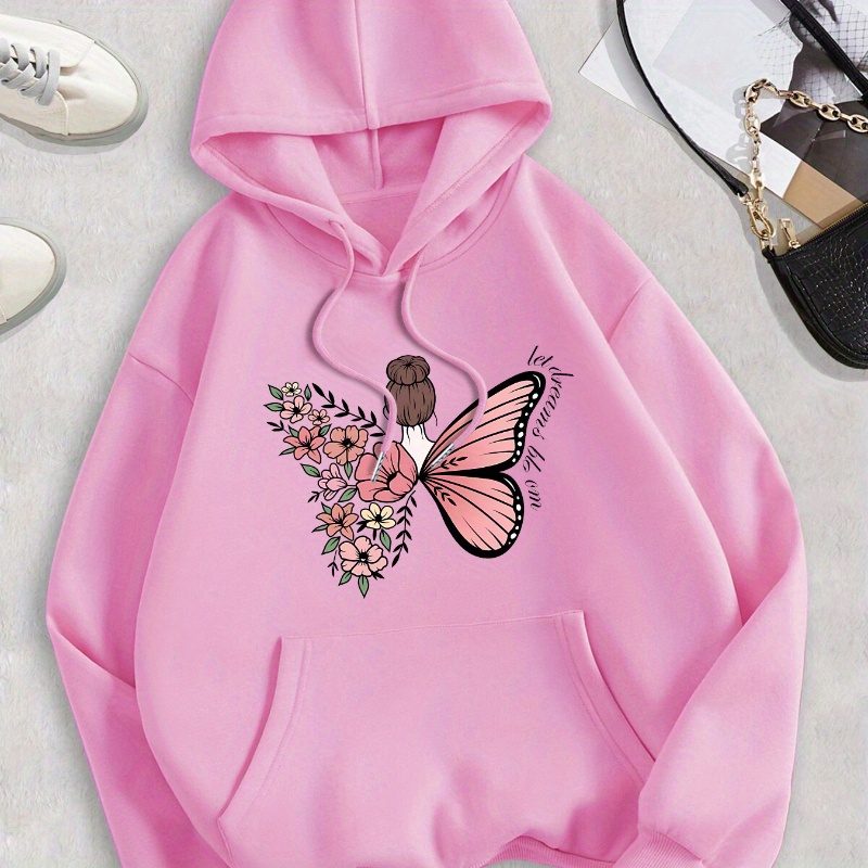 

Floral & Butterfly Print Drawstring Hooded Sweatshirt, Long Sleeves With Front Pocket Casual Sweatshirt, Women's Clothing