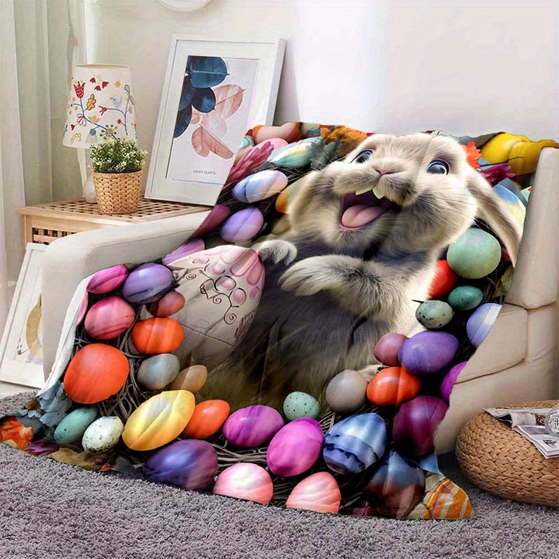 1pc Easter Bunny And Eggs Thin Blanket Lightweight Flannel Throw For Sofa Bed Travel Camping Livingroom Office Couch Chair And Bed Digital