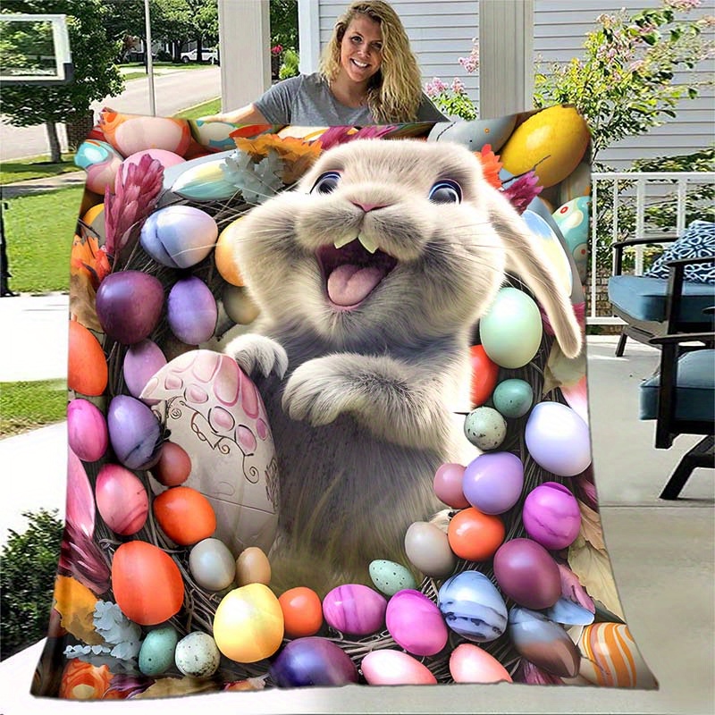 TEMU 1pc Easter Bunny And Eggs Thin Blanket - Lightweight Flannel Throw For Sofa, Bed, Travel, Camping, Livingroom, Office, Couch, Chair, And Bed -