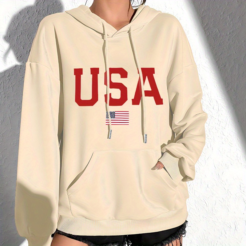 

Flag & Letter Print Pullover Hooded Sweatshirt, Long Sleeves Kangaroo Pockets Casual Sweatshirt, Women's Clothing