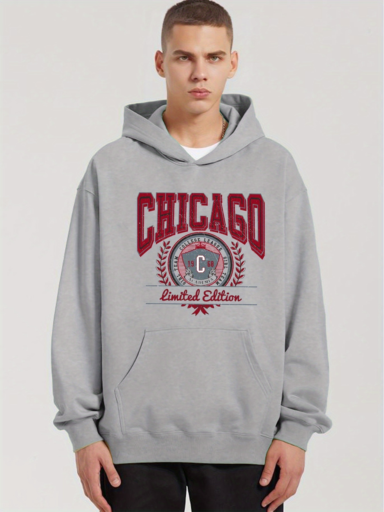 chicago Print Hoodie With Kangaroo Pocket, Men's Casual Pullover