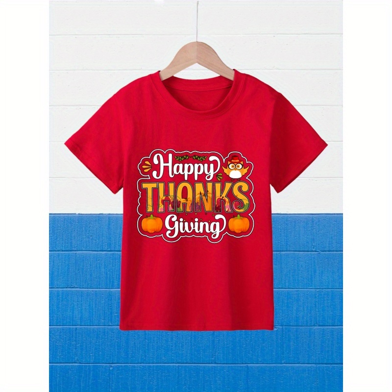 

Happy Thanksgiving Cool Letter Print Boys Creative T-shirt, Casual Lightweight Comfy Short Sleeve Tee Tops, Kids Clothes For Summer