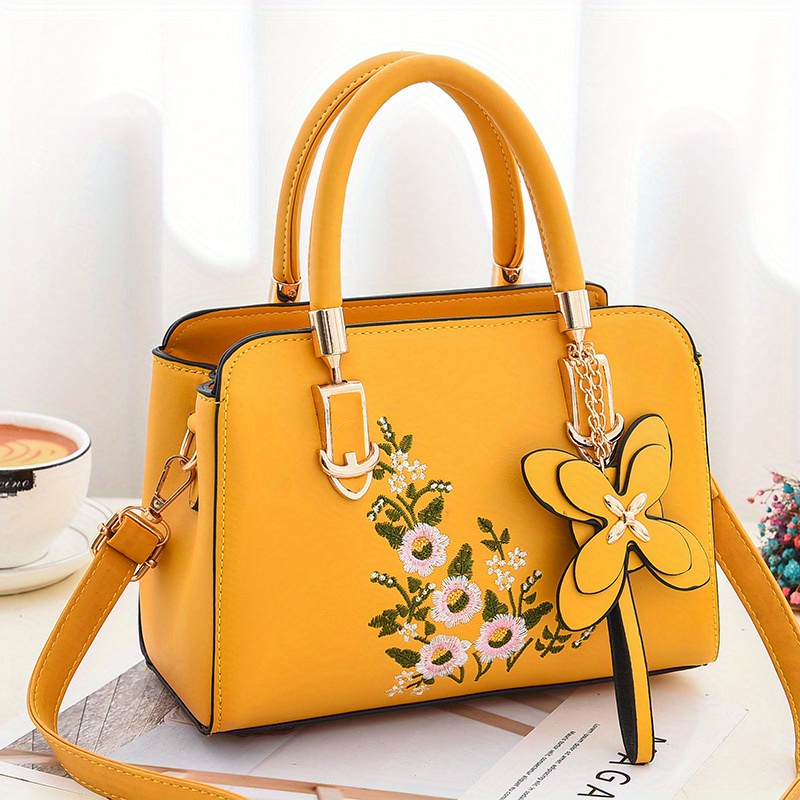 Elegant Floral Pattern Handbag, Women's Fashion Faux Leather Shoulder Bag, Trendy Double Handle Purse,Hand Bags,Temu