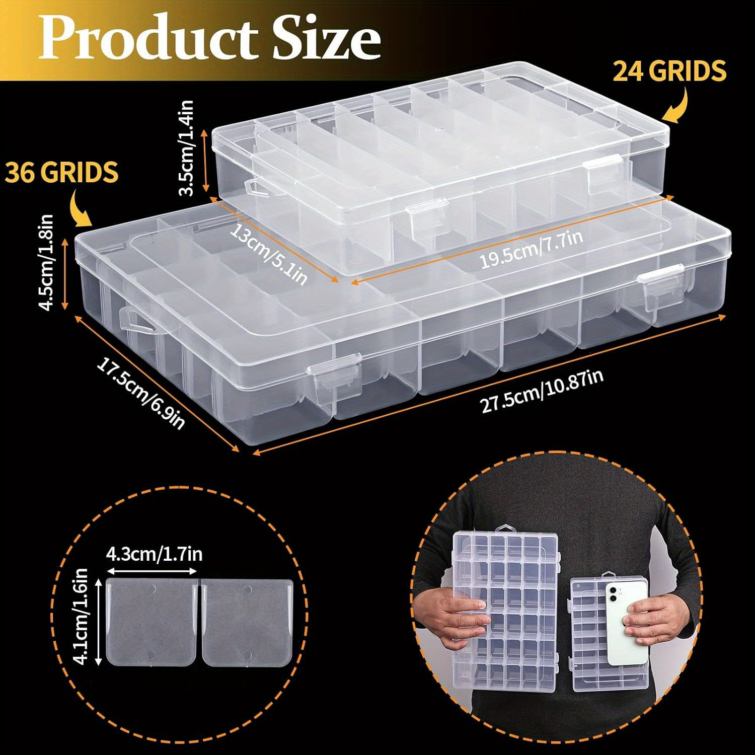 W-family 24 Grids Hard Plastic Clear Adjustable Jewelry Bead Organizer Box  Storage Container Case with Adjustable Dividers (24 grids)