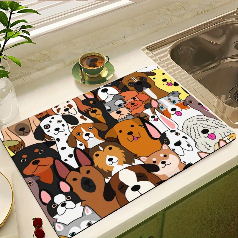 Rubber Drain Pad, Cute Dog Pattern Printed Dish Drying Mat, Coffee