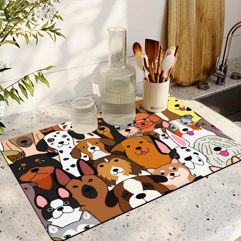 Rubber Drain Pad, Cute Dog Pattern Printed Dish Drying Mat, Coffee
