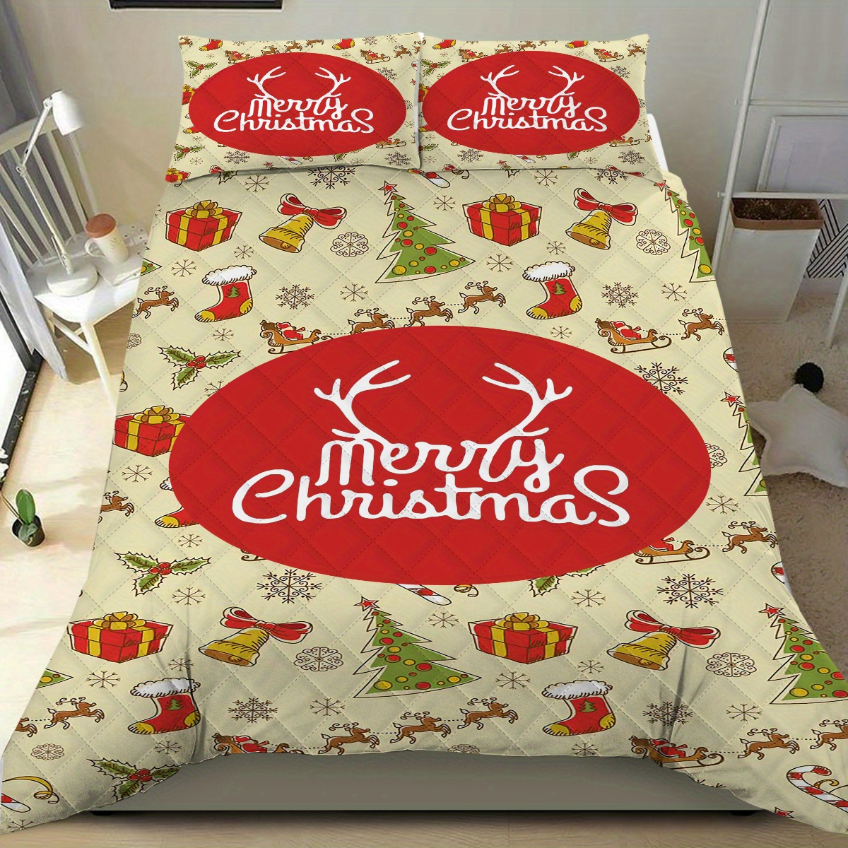3pcs merry christmas quilt set cartoon reindeer xmas tree print quilted bedding set soft comfortable quilt for bedroom guest room 1 quilt 2 pillowcases without core