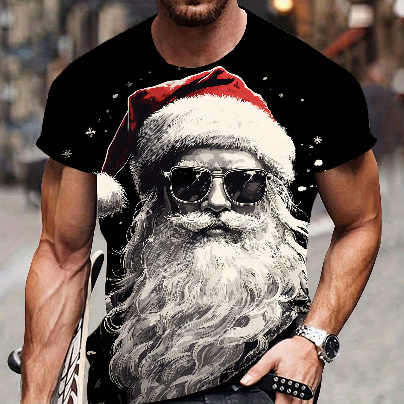

Christmas Santa Claus Print T-shirt, Men's Casual Street Style Stretch Round Neck Tee Shirt For Summer