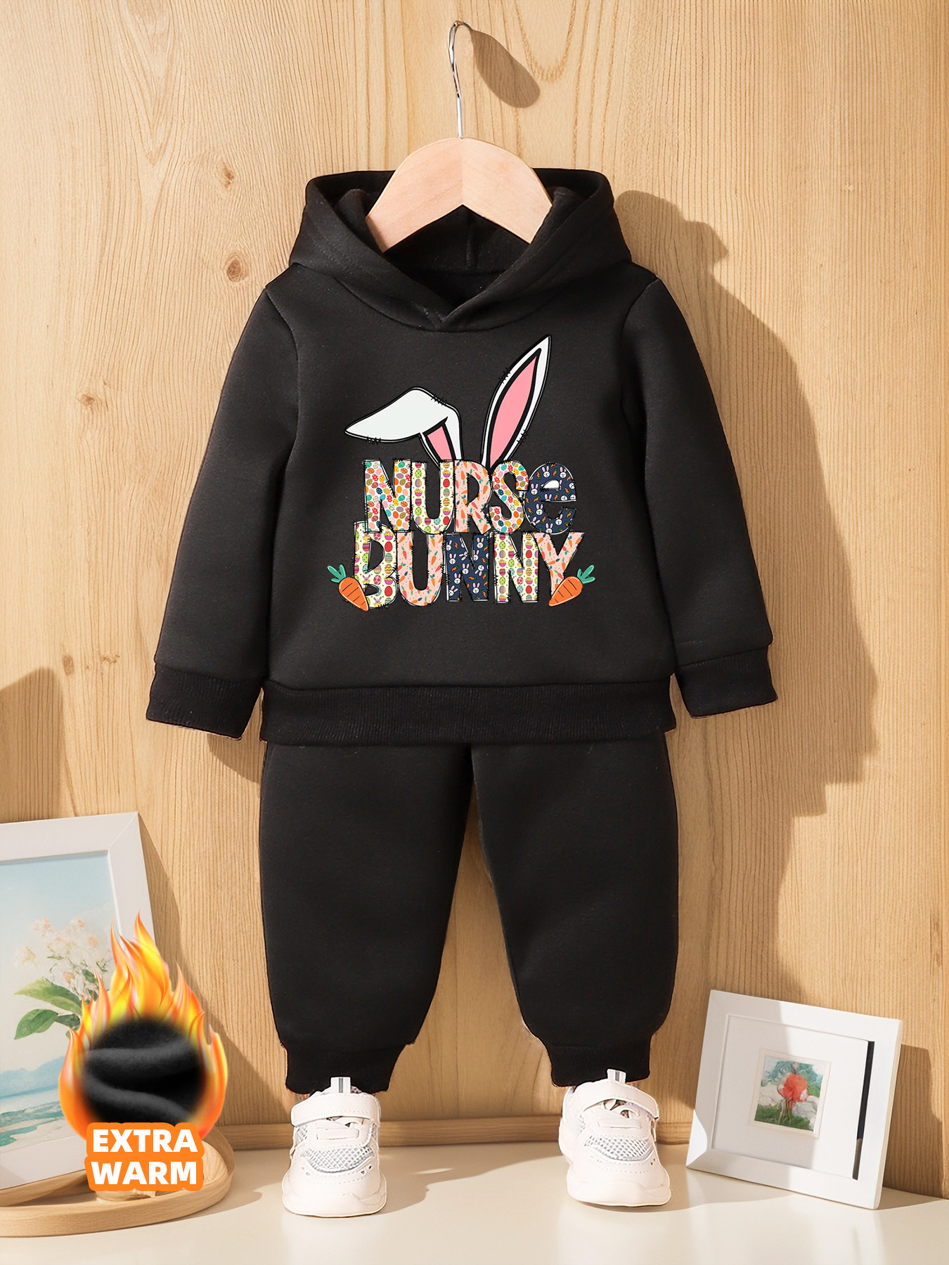 2pcs/set Little Girls' Cute & Romantic Letter Print Hooded Sweatshirt And  Pants Set With Fleece Lining For Winter