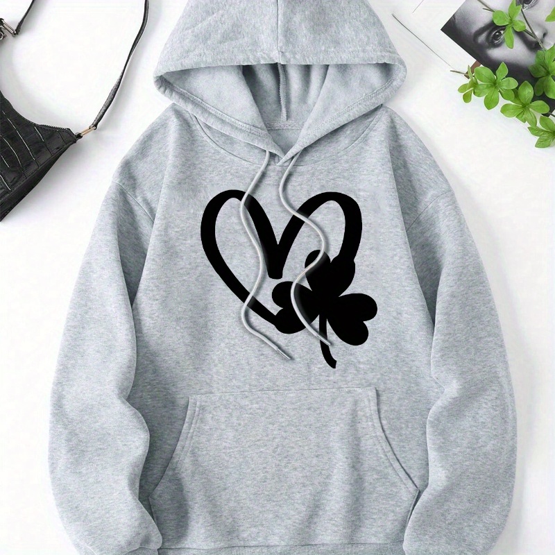 

Heart Print Solid Color Drawstring Hoodie, Pullover Kangaroo Pocket Active Hooded Sweatshirt, Women's Sweatshirts