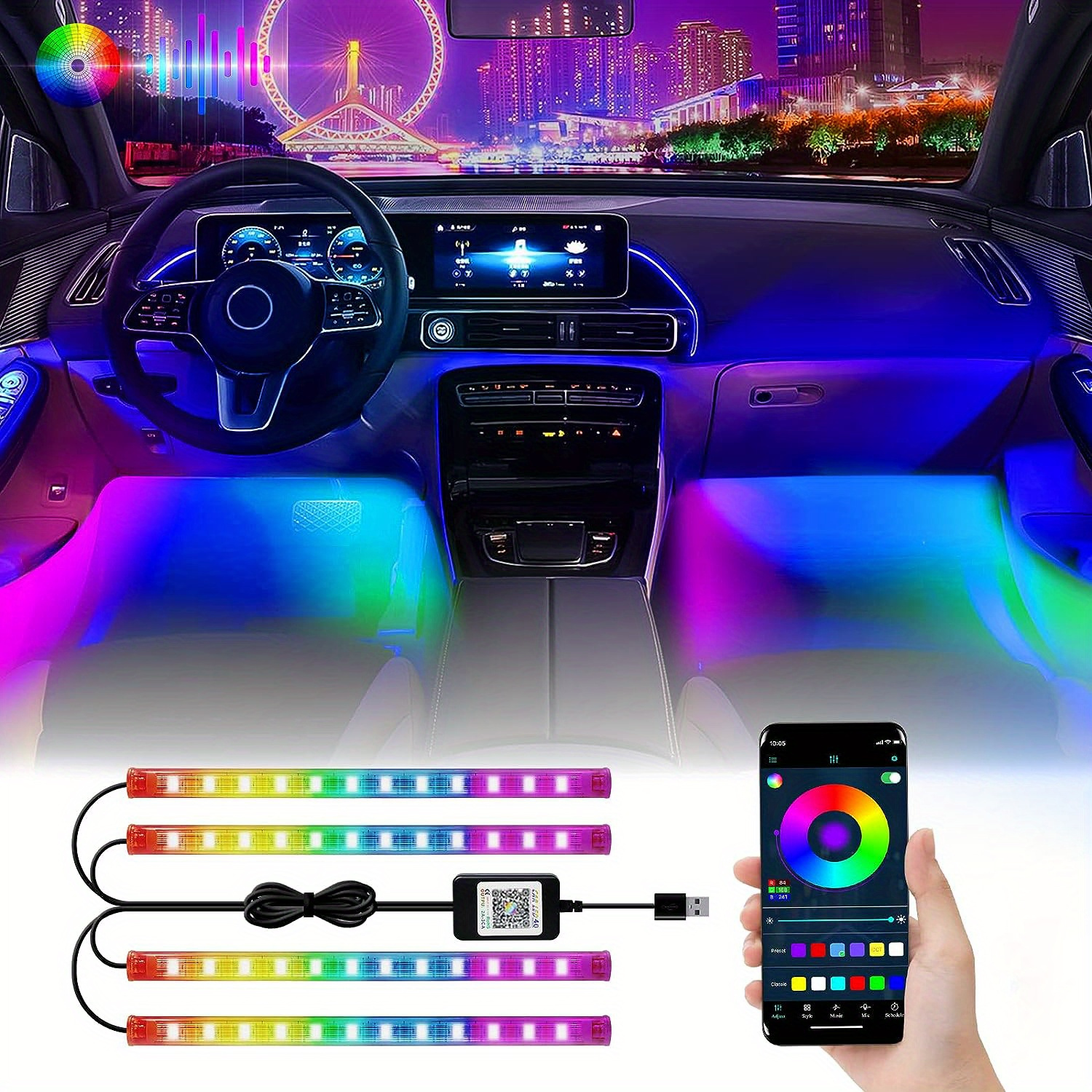 Neon-Auto-Innenraum-Fußlichter, Traumfarben-LED-Fußlicht, Dekorative  Hintergrundbeleuchtung Mit Musik-App-Steuerung, RGB-Auto-Atmosphären-Umgebungslampe  - Temu Switzerland