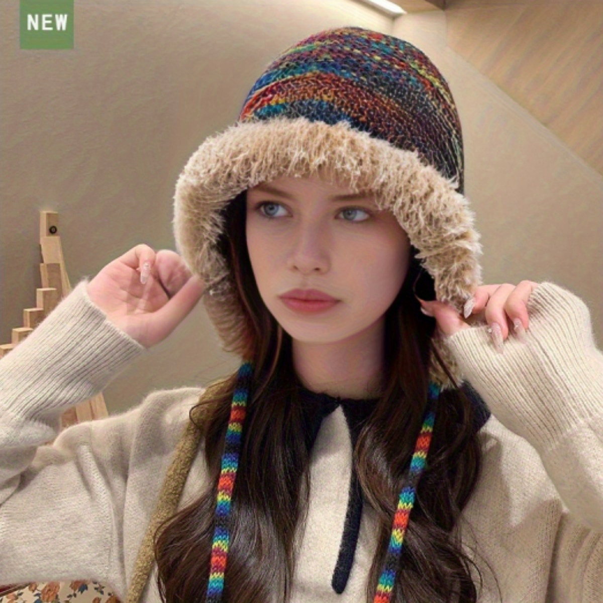 Vintage Rainbow Striped Beanie Thick Plush Ear Flap Hat Coldproof Warm Knit  Hats Elastic Beanies For Women Autumn & Winter