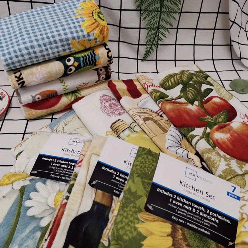 7 Piece Printed Kitchen Linen Set Includes 2 Towels 2 Pot Holders