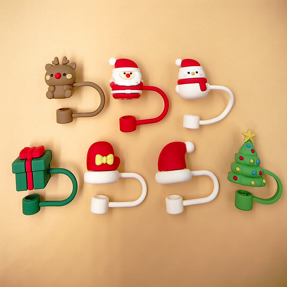 Christmas Series Silicone Straw , Reusable Dustproof Cute Straw