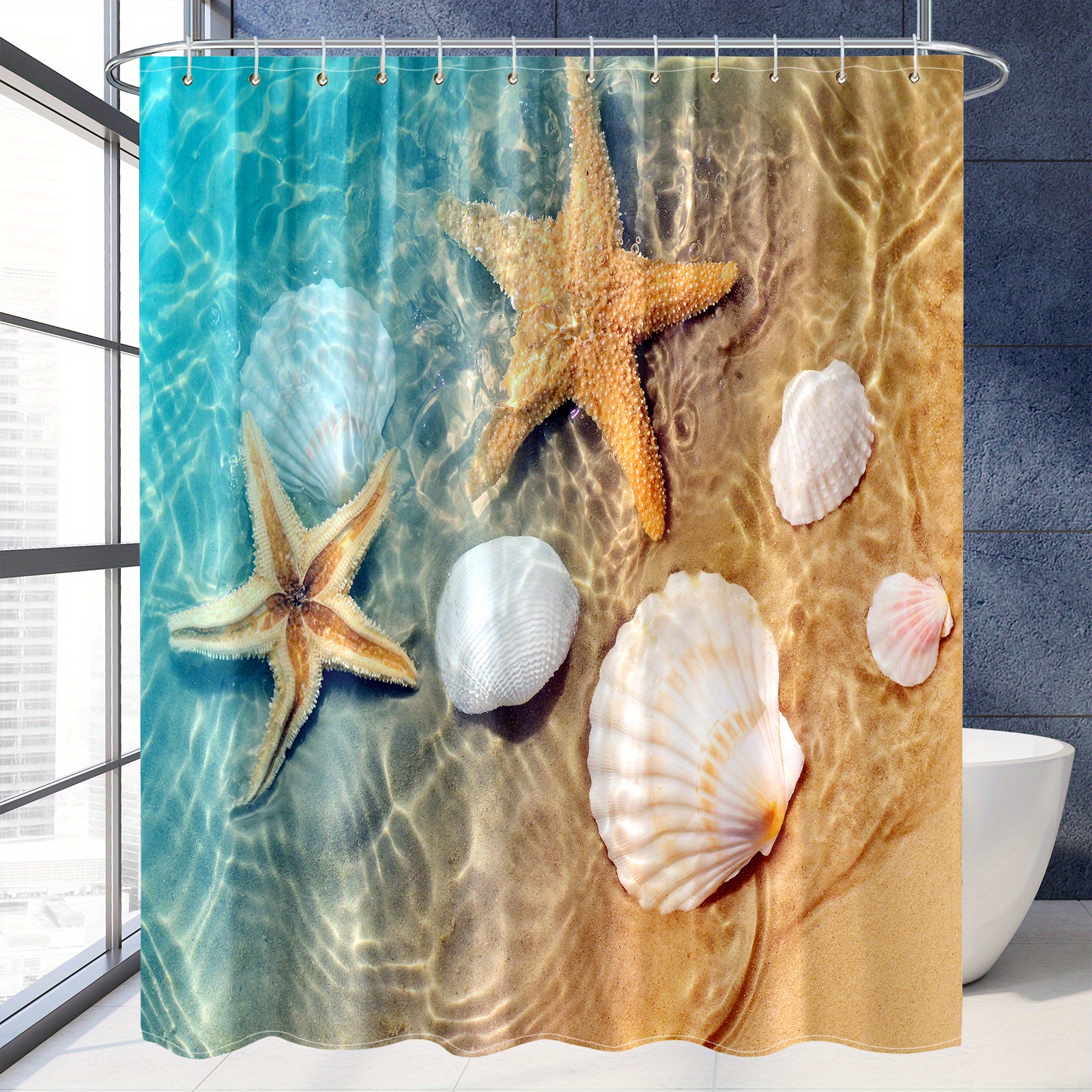 Starfish and Seashells Shower Curtain 72Wx72H Inch Coral Nautical