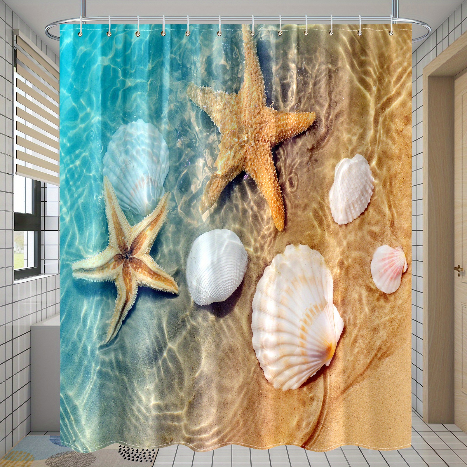 Beach Shell Starfish Shower Curtain Bathroom Decor Blue Sea - Temu