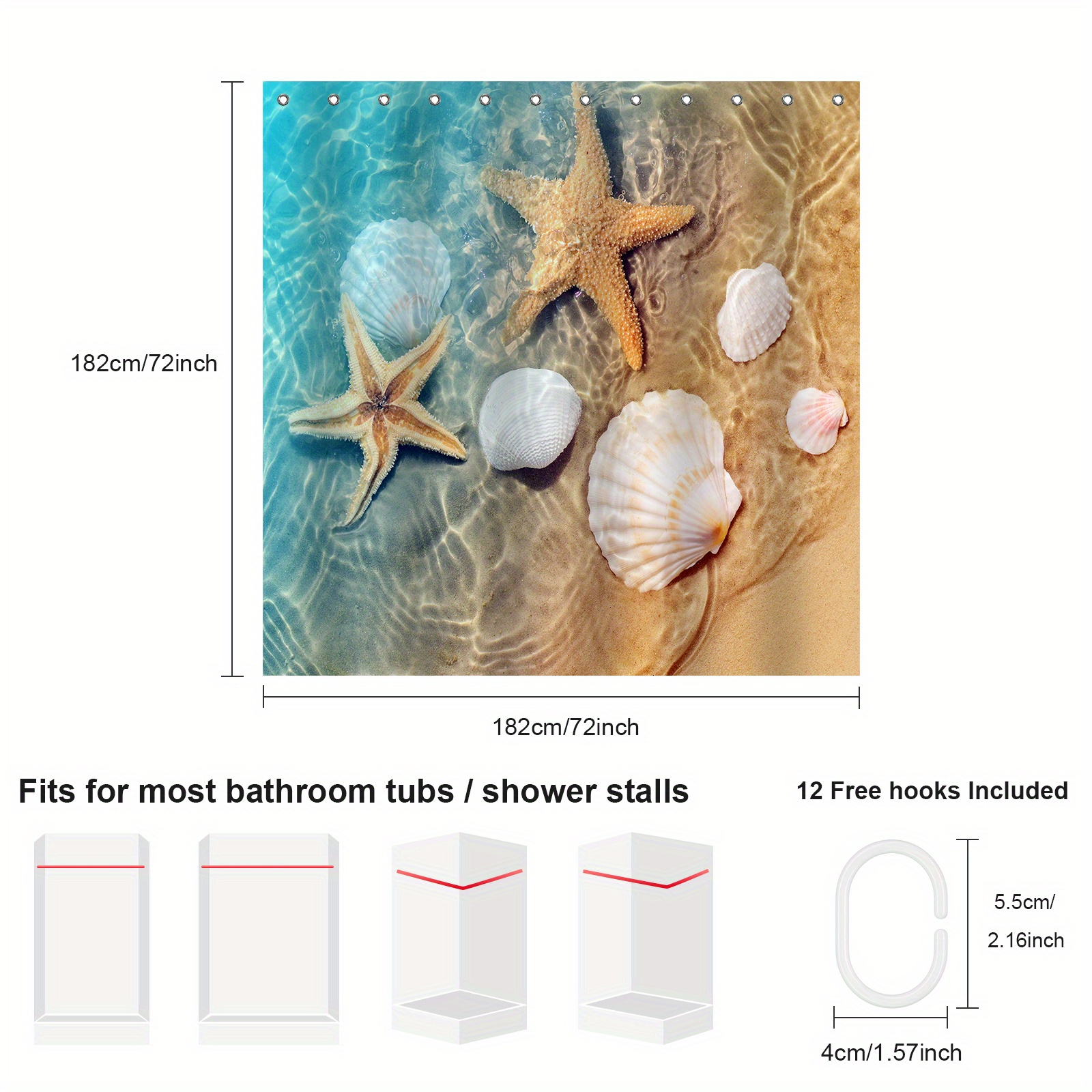1pc Beach Shell Starfish Shower Curtain, Bathroom Decor, Blue Sea Wave Bath  Curtain, Waterproof And Mildew-proof Fabric Shower Curtain With 12 Plastic