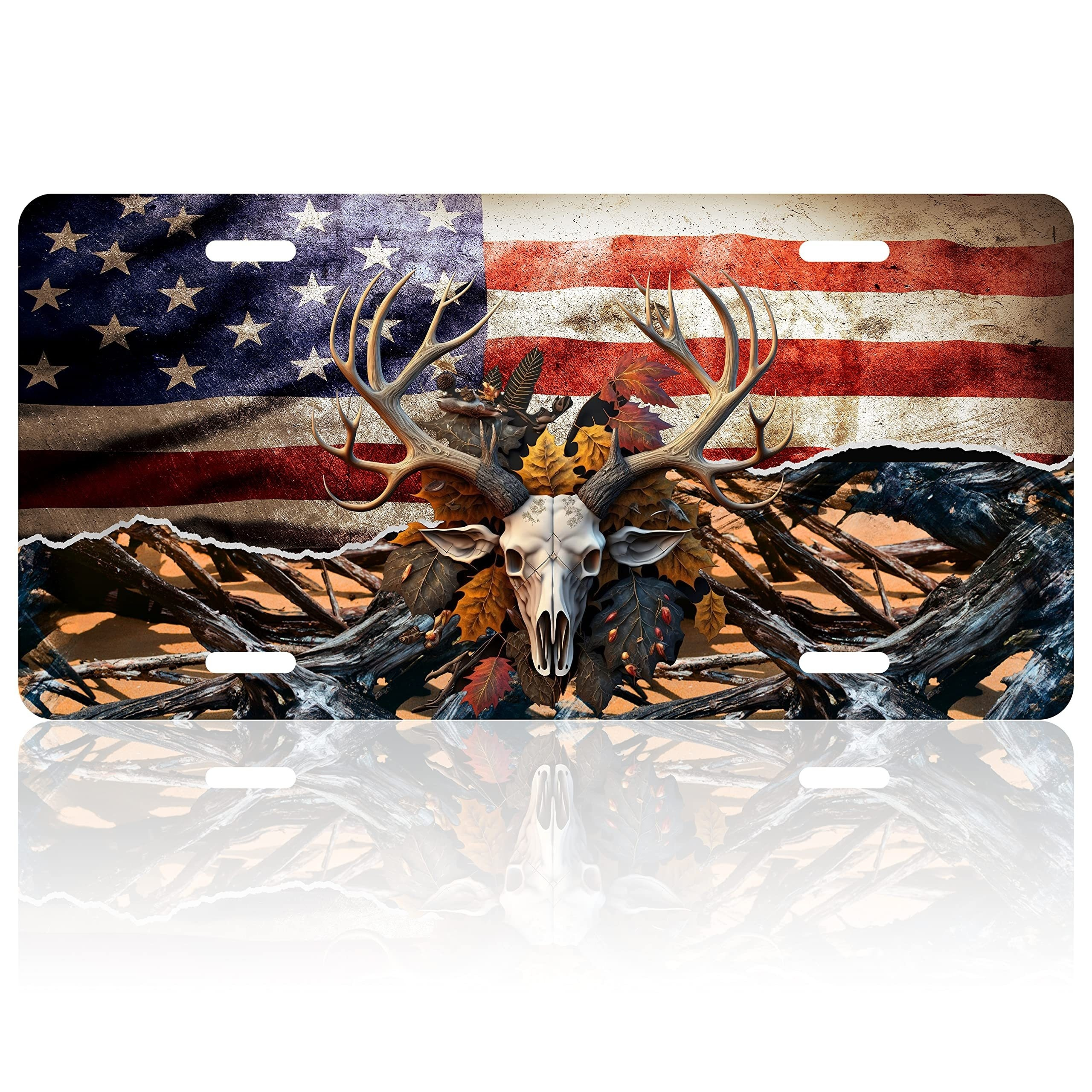 Skull Eagle American Flag License Plate USA Flag License Plate Cover Personalise Car Front Rust-Proof Stainless Steel Metal Car Plates Tag 4 Screws Decorative Men Women Gif