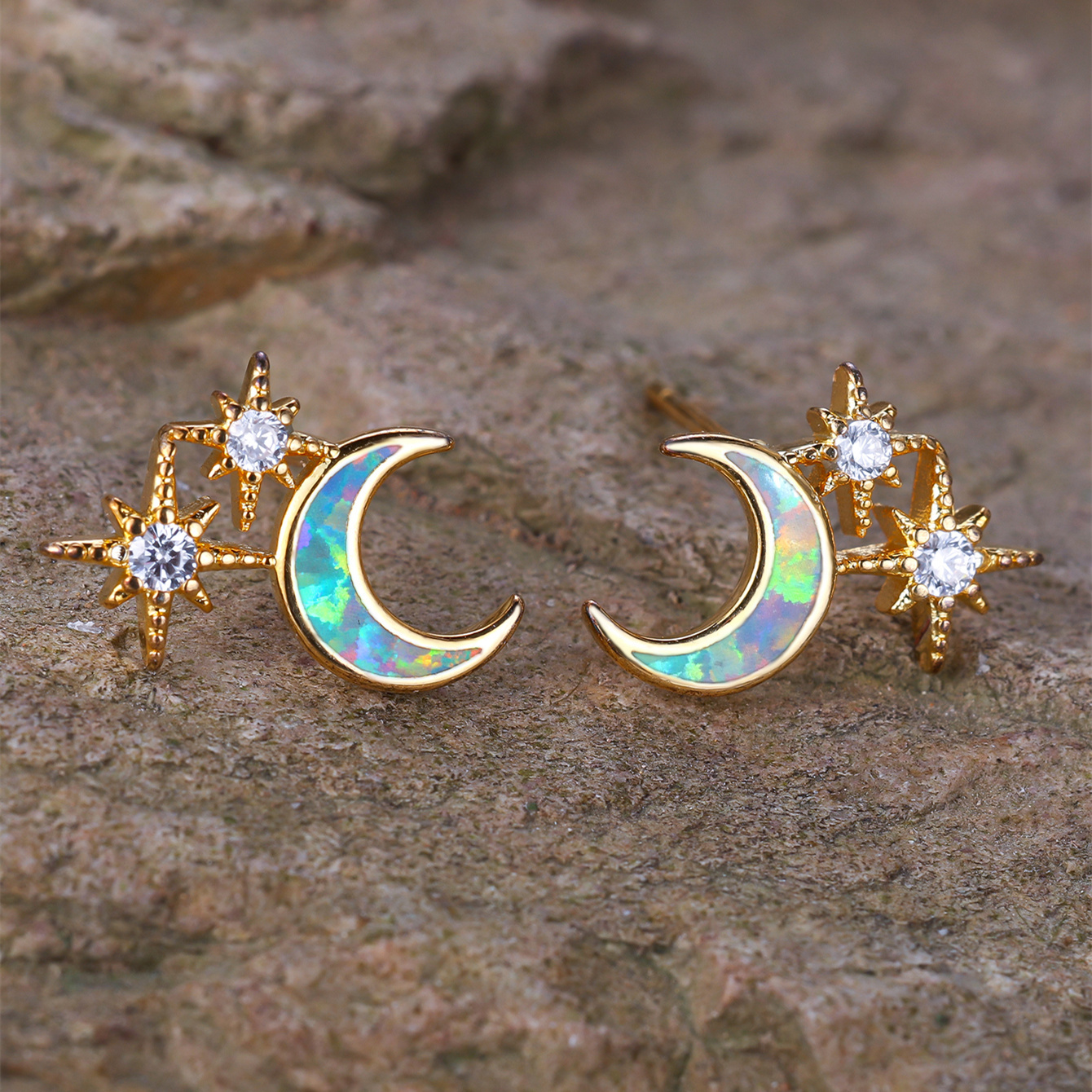 Image of A Pair Of Moon And Opal Inlaid With 2 Zirconia Ladies Fashionable And Elegant Earrings Suitable For Banquet Party Wear Temperament Niche Shiny Jewelry