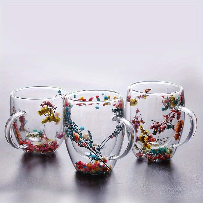 Double Wall Insulated Floral Glass Coffee Mug