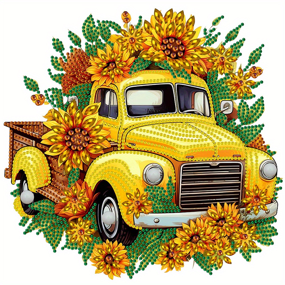 New 5d Diy Diamond Painting Antique Car Sunflower Diamond - Temu