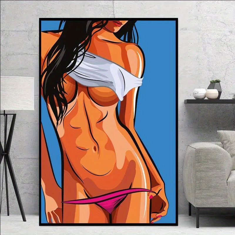 pop art illustration of beautiful slim nude woman covers her