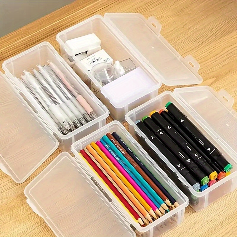 1pc Transparent Plastic Pencil Box, School Office Supplies, Pens Markers  Erasers Tape Stickers Beads Storage Organizer Box, DIY Craft Supplies
