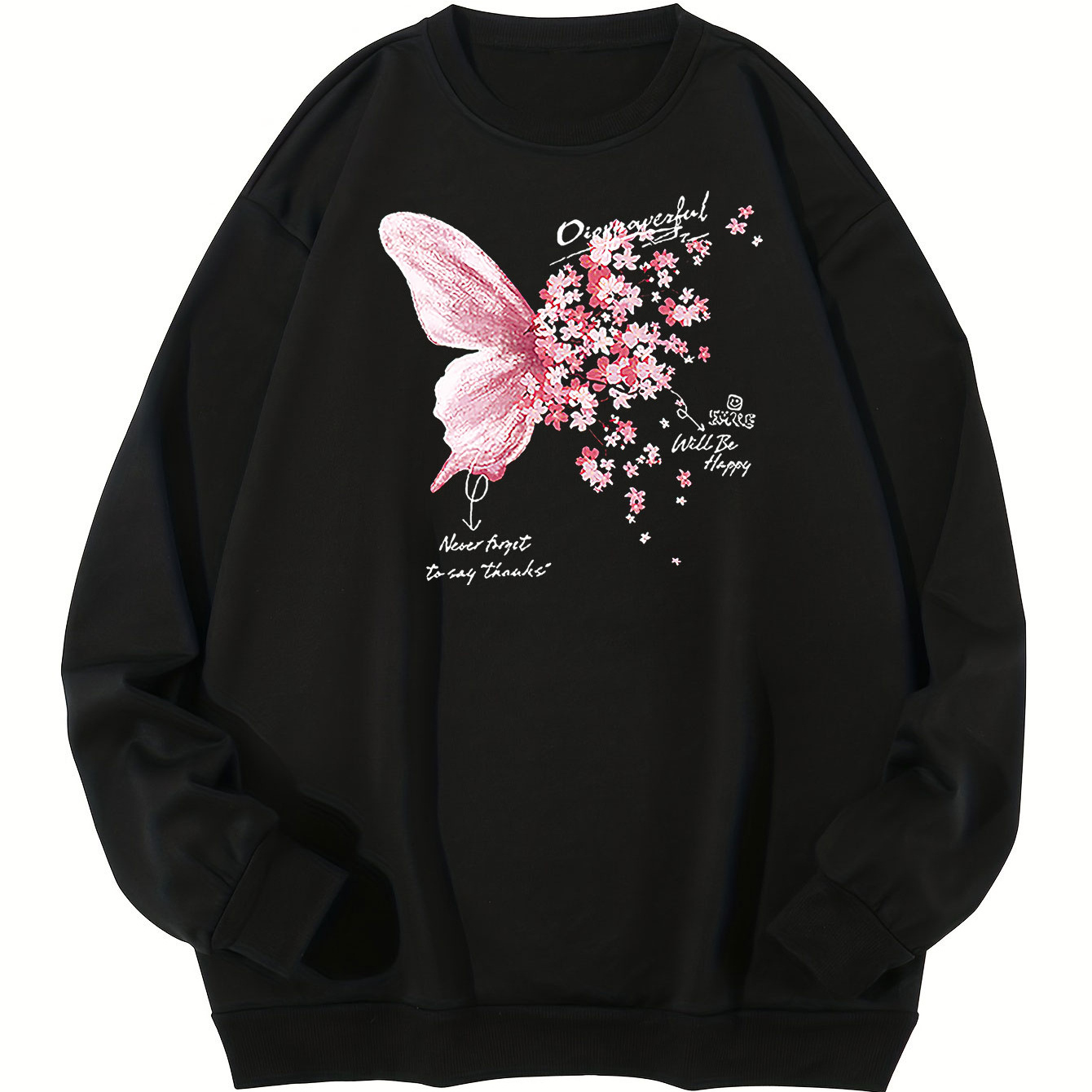 

Plus Size, Men's Butterfly & Daisy Print Sweatshirt Fall Winter Crew Neck Pullover For Big & Tall Males, Men's Clothing, Coquette Style