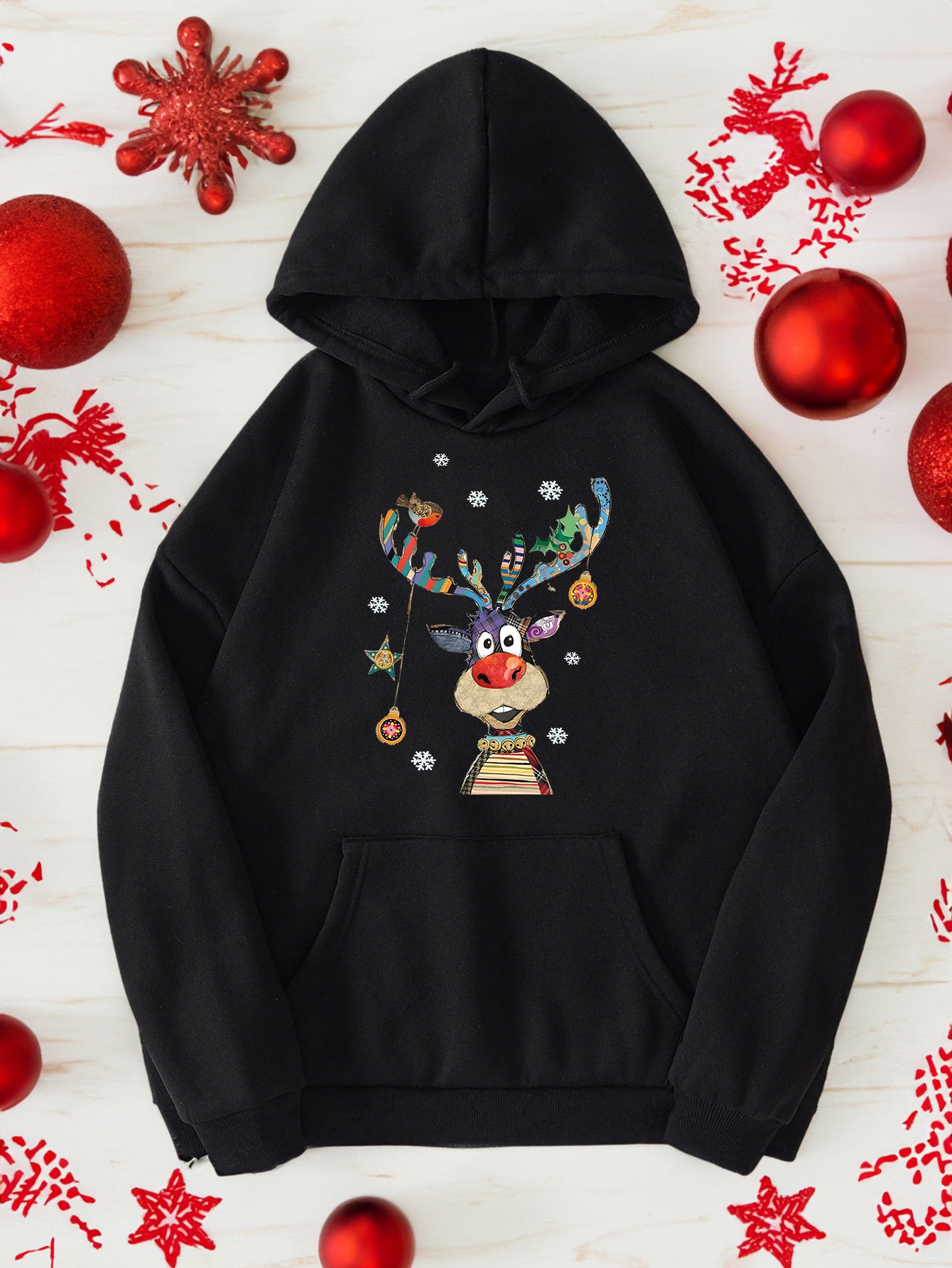 Hooded christmas reindeer and snowflake hot sale print hoodie