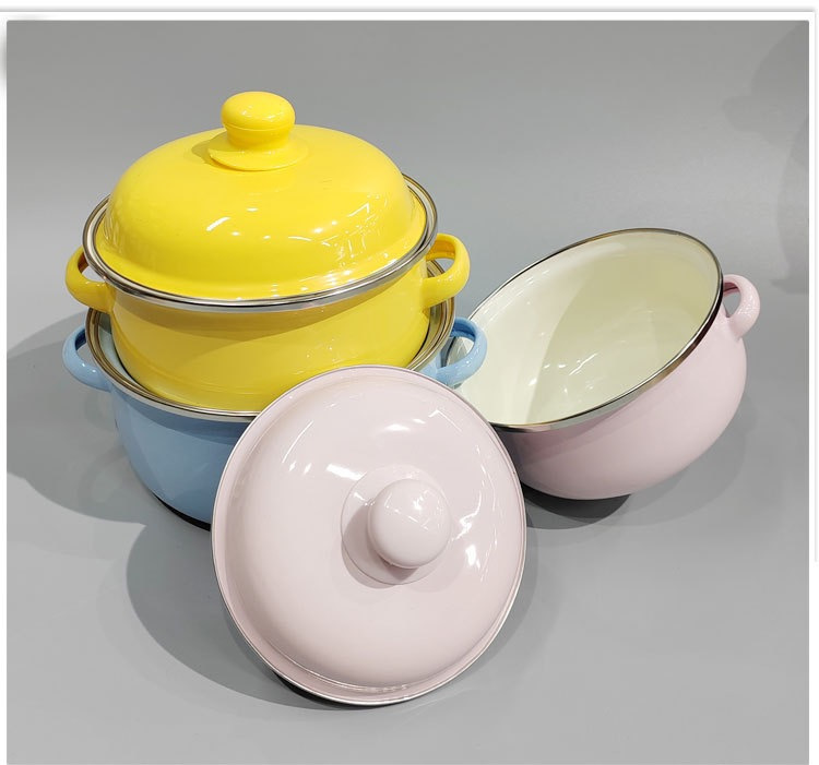 3pcs Enamel Pot With Lid For Cooking, 16cm/6.3in, 18cm/7.09in, 20cm/7.87in,  Three Colors Enamel Stock Pot, Vintage Cookware With Dural Handle, Ideal F