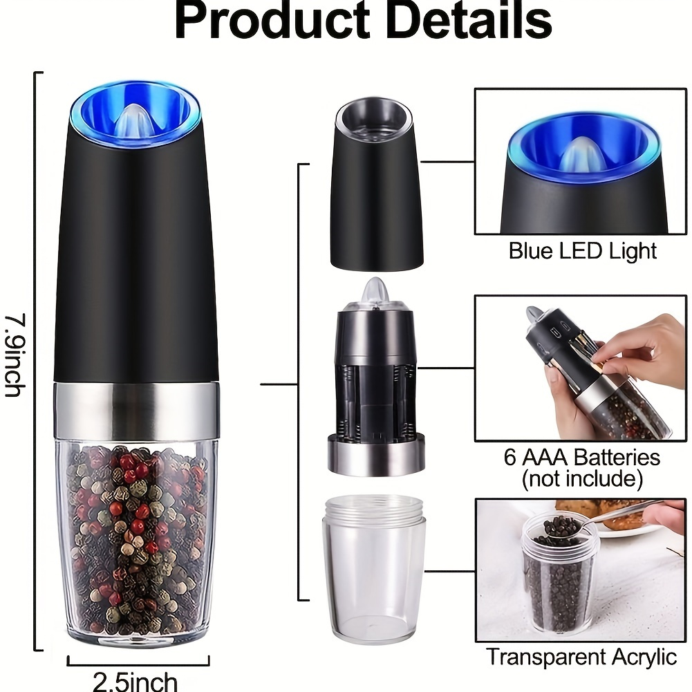 Pepper Grinder, Gravity Electric Pepper Mill, Adjustable Spice Grinder, Automatic  Pepper Mill With Led Light, Reusable Battery Powered Pepper Crusher For  Kitchen Camping Picnic Camping, Kitchen Gadgets, Chrismas Gifts, Halloween  Gifts 