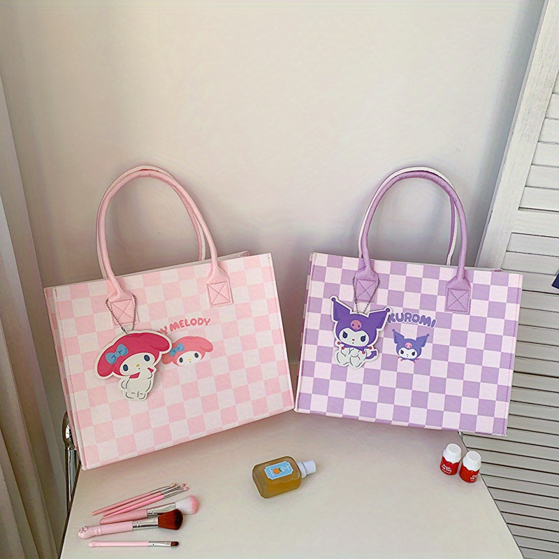 Miniso Hello Kitty Cinnomoroll Tote Bag, Cute Cartoon Plaid Handbag, Large  Capacity Felt Bag - Temu