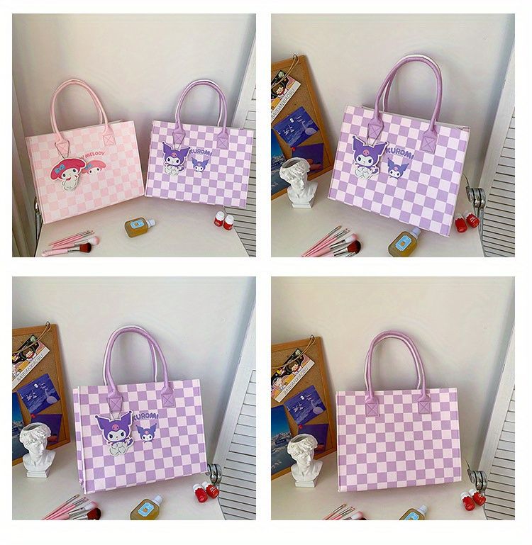 Miniso Hello Kitty Cinnomoroll Tote Bag, Cute Cartoon Plaid Handbag, Large  Capacity Felt Bag - Temu