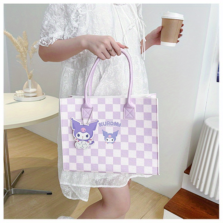 Miniso Hello Kitty Cinnomoroll Tote Bag, Cute Cartoon Plaid Handbag, Large  Capacity Felt Bag - Temu