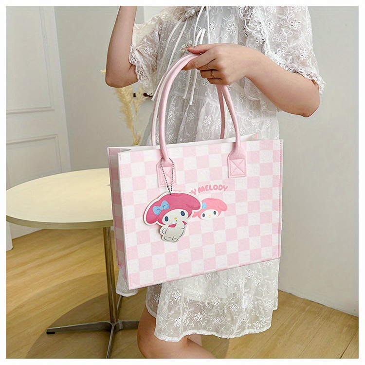 Miniso Hello Kitty Cinnomoroll Tote Bag, Cute Cartoon Plaid Handbag, Large  Capacity Felt Bag - Temu