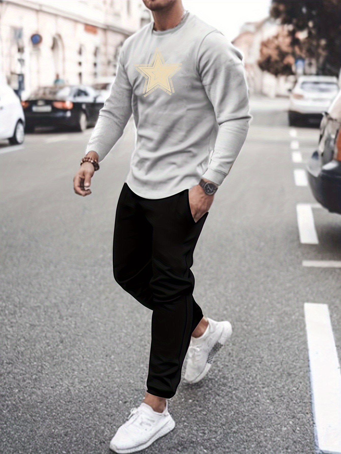 Plus Size Men's Star Print Sweatshirt Sweatpants Set For - Temu