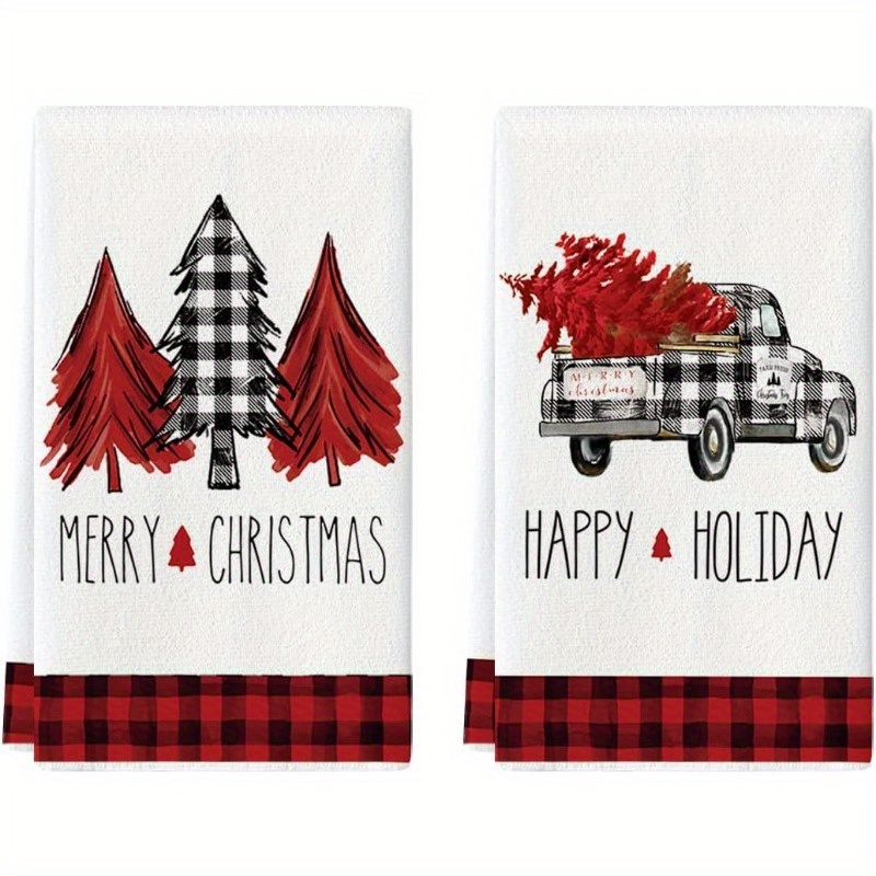 Christmas Kitchen Towels, Red And Black Buffalo Plaid Vase Printed