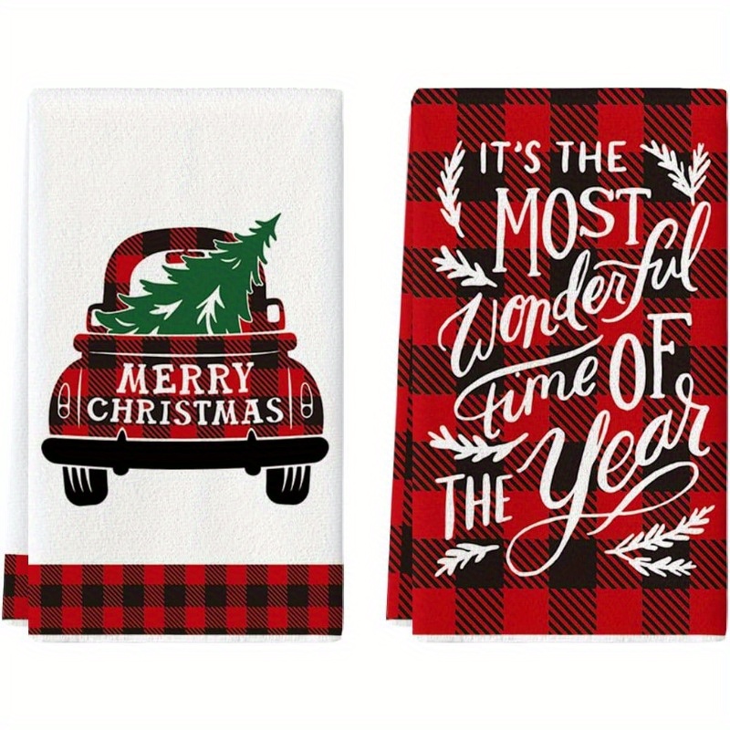 Christmas Kitchen Towels, Red And Black Buffalo Plaid Vase Printed