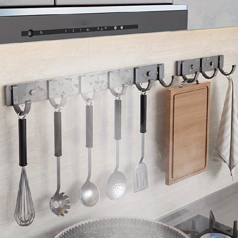  KAIYING Estante de utensilios de cocina con ganchos en S  extraíbles para colgar ollas y sartenes, ganchos de barra para tazas,  organizador de riel de cocina montado en la pared, aluminio, (