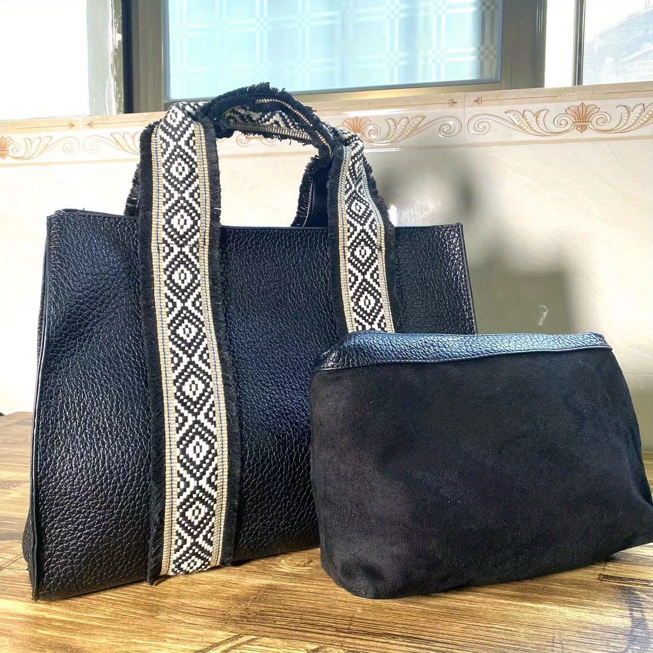 2Pcs/Set Women Vintage Soft PU Leather Handbag Large Tassel Tote Shoulder  Bag