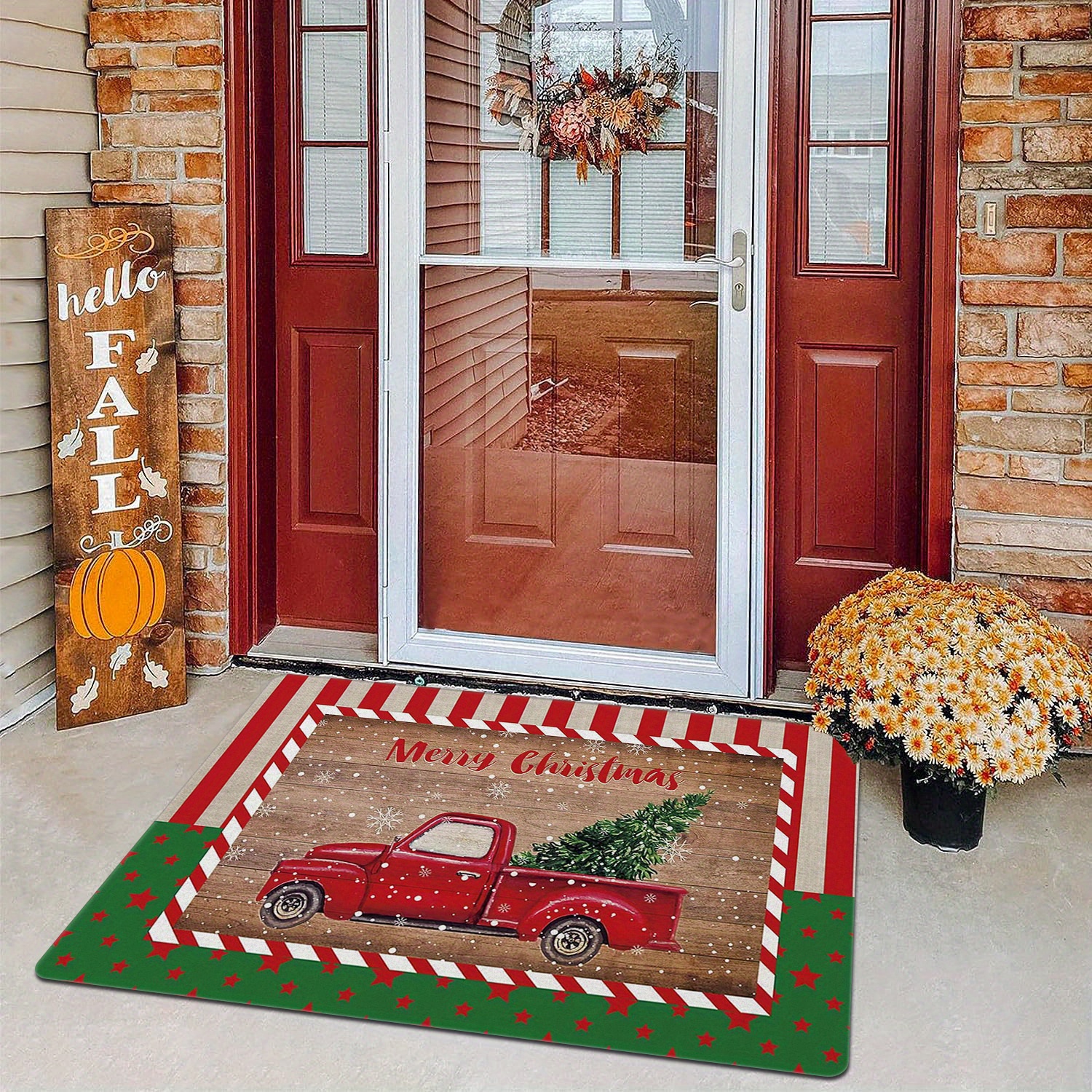 Christmas Door Mat Outdoor for Front Door Decorations , Red Farm Truck  Merry Christmas Tree Doormat,Winter Christmas Holiday Welcome Floor Mat Rug